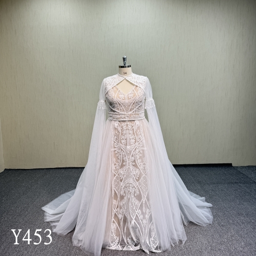 Y453 Vintage High Neck Tulle Wedding Dress for Curvy Brides