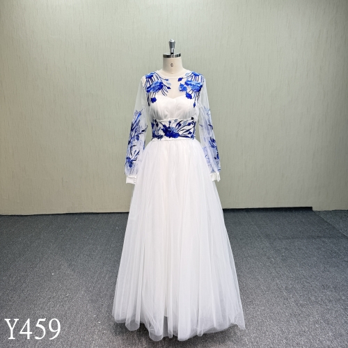 Y459 Long Sleeve Illusion Neckline Bridal Gown with Blue Appliques