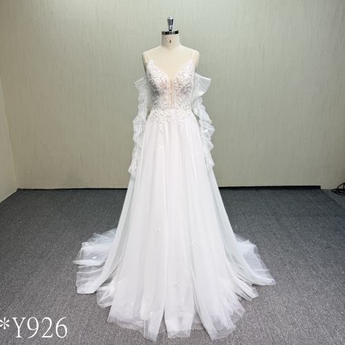 Y926  Plunging V-Neck Tulle Bridal Gown with Floral Lace Appliques