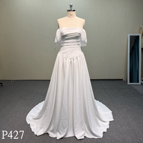 P427 Elegant Off-the-Shoulder Satin A-Line Wedding Dress.