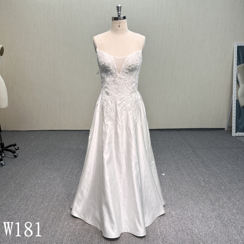 W181 Minimalist V-Neck Lace Applique Dress for Modern Brides.