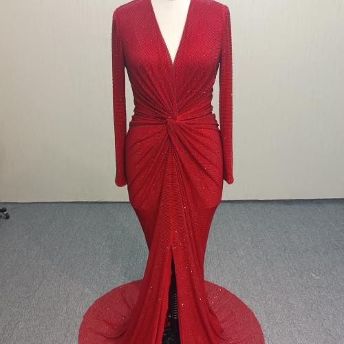 Y1124 Sparkly Red Mermaid Evening Gown with Long Sleeves and High Slit