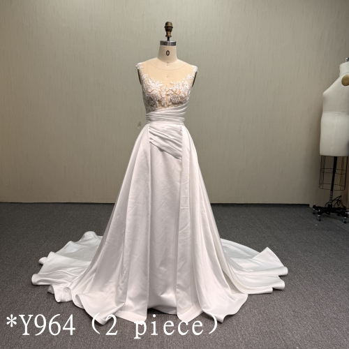 Y964 Modern Sleeveless Satin Wedding Dress with Floral Lace Appliques