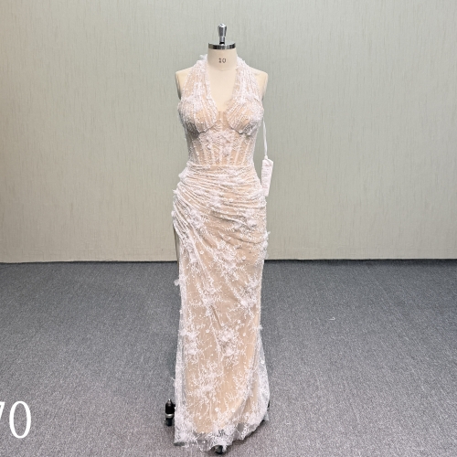 Y970 Custom Made Nude Illusion Lace Wedding Dress for European Brides
