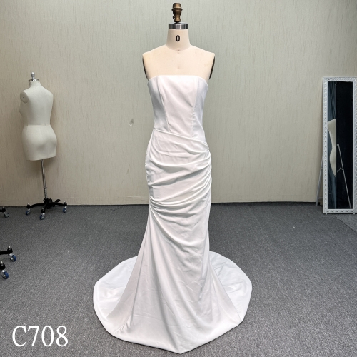 C708 Elegant off white Sheath Gown with Sweep Train and Pleats.