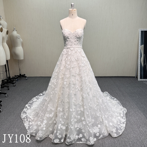JY108 Sleeveless Lace Applique Dress with Pearl & Beaded Detail.