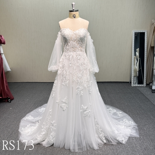 RS173 Off-the-Shoulder Puff Sleeve A  line Bridal Gown