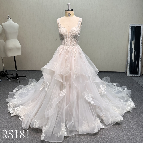 RS181 Flowy Multi-Layer Tulle Dress with Scalloped Lace Hem and Sweep Train