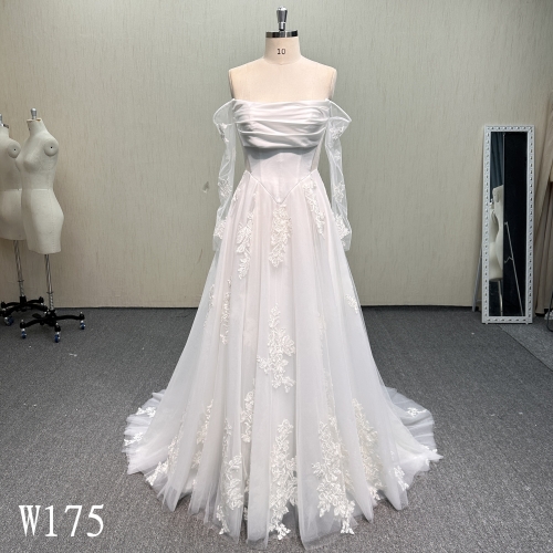 W175 Off-the-Shoulder A-Line Wedding Dress with Lace Applique.