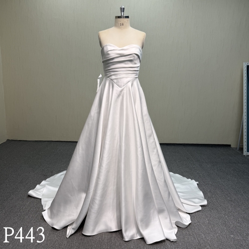 P443 Classic V-Waist Pleated Satin Gown with Sweep Train.