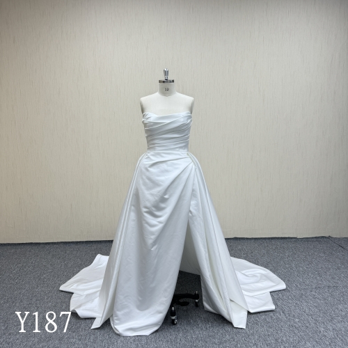 Y187 Flattering Button Back Satin Dress with Sweep Train.