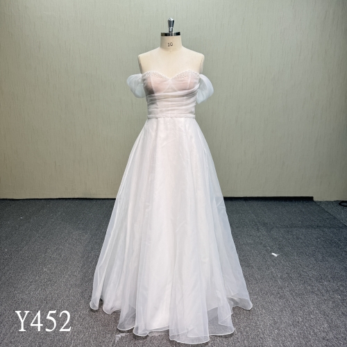 Y452 Ethereal A-Line Tulle Gown with Pearl-Beaded Trim, Sheer Ruched Bodice, and Billowy Draped Sleeves