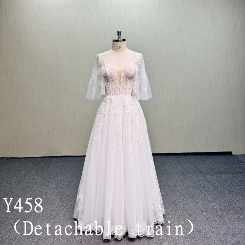 Y458 Dreamy A-Line Bridal Gown with Floral Lace Motifs, Illusion Corset Bodice, Detachable Sleeves and Detachable Train