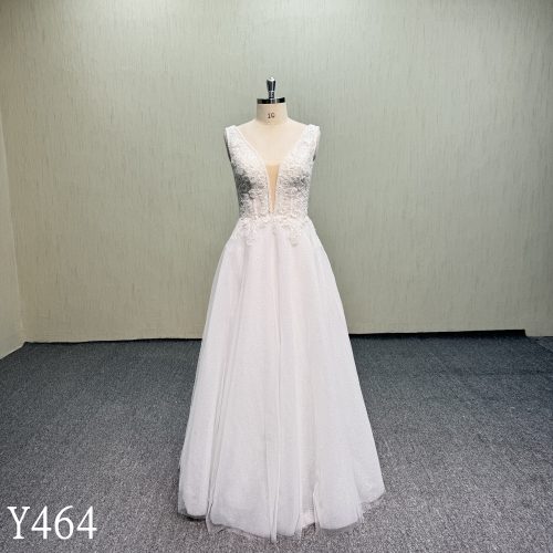 Y464 Sleeveless Plunging V-Neck Bridal Gown with Embroidered Lace Bodice and Floor-Length Shimmer Tulle Skirt (No Train)