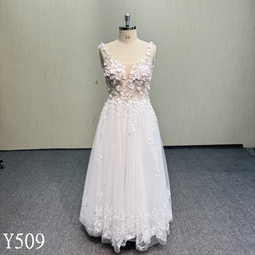 Y509 Sleeveless V-Neck Bridal Gown with 3D Lace Embroidery, Wide Straps, and Flowing Tulle Skirt (No Train)