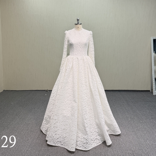 Y829 Modest Muslim Wedding Dress with High Mock Neck, Long Puff Sleeves, Full Lace Overlay, and Button-Down Back