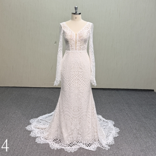 Y954 Bohemian V-Neck Wedding Dress with Sheer Long Sleeves, Allover Geometric Lace, Fit-and-Flare Silhouette and Scalloped Train