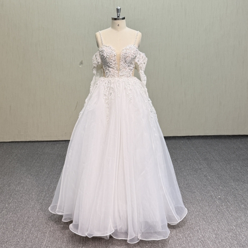 Y955 Hand-Beaded V-Neck Floor-Length Wedding Dress with Off-Shoulder Tulle Sleeves, Lace-Up Corset Back and Shimmer A-Line Skirt