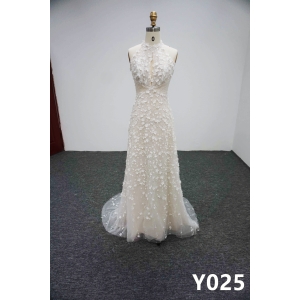 Y025 A-line Hanging Neck Beaded Bridal Gowns