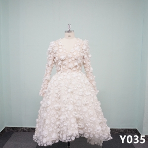 Y035 V-neck A-line Floral Long Sleeve Short Bridal Gowns