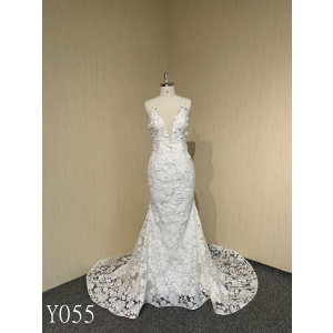 Y055 Cubic Flower Beaded Deep V Neck Mermaid Wedding Dress