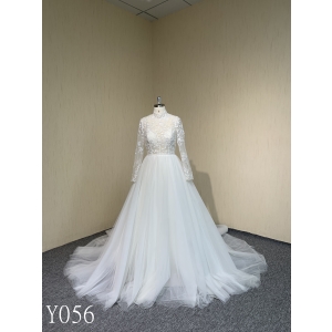 Y056 A-line Long Sleeve High Neck Lace See-Through Wedding Dresses