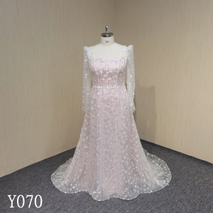 Y070 A-line Beaded Floral Long Sleeve Wedding Dress