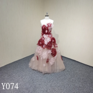 Y074 Strapless A-line 3D Floral Beaded Evening Dress