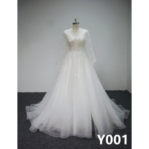 Y001 Sequins Loog Sleeve Bridal Gowns with applique Wedding Dress