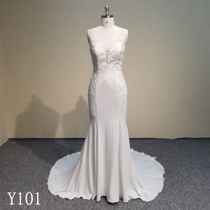 Y101 Lace Applique V Neck Sleeveless Mermaid Bridal Gowns
