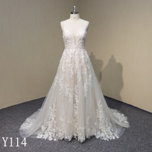 Y114 A-line Lace Applique V-Neck Spaghetti Strap Backless Wedding Dress
