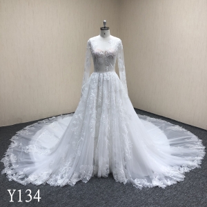 Y134 A-line High Neck Lace See-Through Wedding Dresses With Long Sleeve