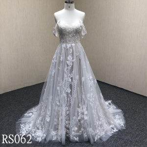 RS062 Champagne A line wedding dress with off sleeves