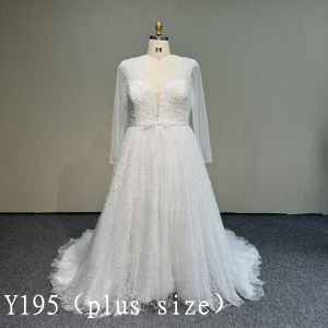 Y195  A line V-neck Longsleeves wedding dress with Beaded for Bridal