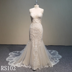 RS102 Applique Spaghetti strap mermaid dress with  sweetheart zipper back wedding dress