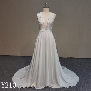 Y210 V-neck sleeveless crepe A-line wedding dress with lace