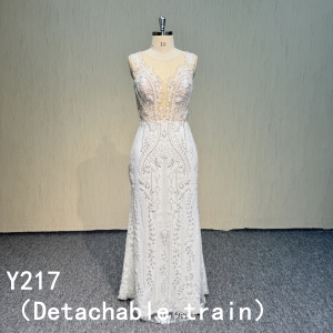Y217 Beading Lace  V-neck A-line bridal dress with detachable train