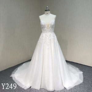 Y249  V-Neck spaghetti strap Wedding Dress with Applique Lace and glitter for Woman