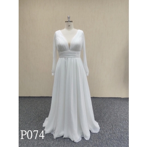 P074 Long sleeves v-neck  dress bridal  with Chiffon made in China.