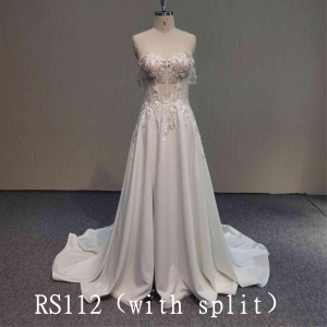 RS112 A-line skirt with slits  See-through dress with  lace appliques Made In China