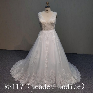 RS117 V-neck sleeveless dress with lace appliques  Beaded gown Made In China