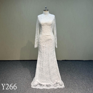 Y266 High Neck With Pleats Long Sleeve Lace Wedding Dresses