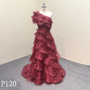 P120 Red organza sleevesless  ball gown evening dress