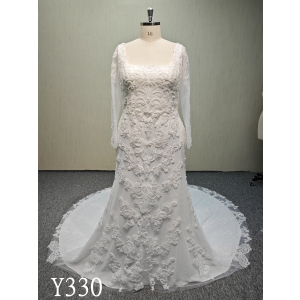 Y330  Plus Size Gorgeous applique wedding dress mermaid with 3d flower and long leaves