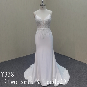 Y338  Spaghetti straps  applique wedding dress mermaid with ivory tulle beautiful detachable train