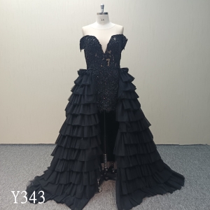 Y343  Black Beading Lace Gorgeous Evening dress  with Detachable Train made in China
