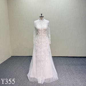 Y355 Long Sleeve Muslim Style Wedding A-Line Dress with Beautiful Applique