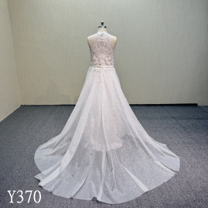 Y370  HighNeck sleeveless wedding dress with thick glitter for bride