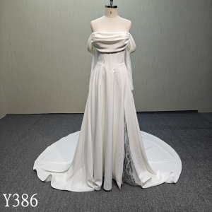Y386  Elegant A-Line crepe wedding dress with French lace  for bride made in China