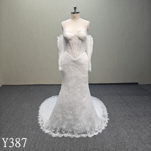 Y387  Elegant mermaid  French lace applique wedding dress with detachable long sleeves for bride made in China